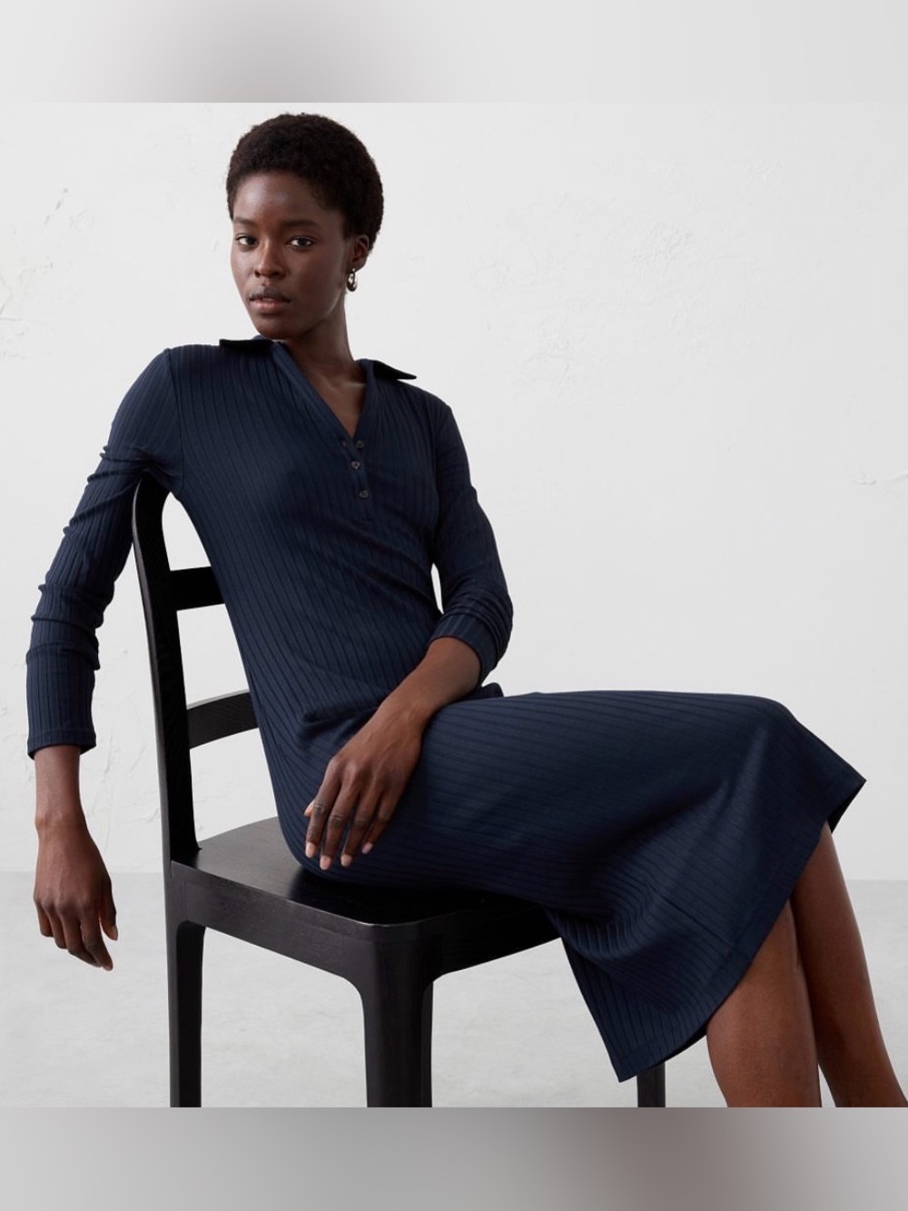 Ribbed Long-Sleeve Polo Midi Dress in Navy- Banana Republic XS NEW